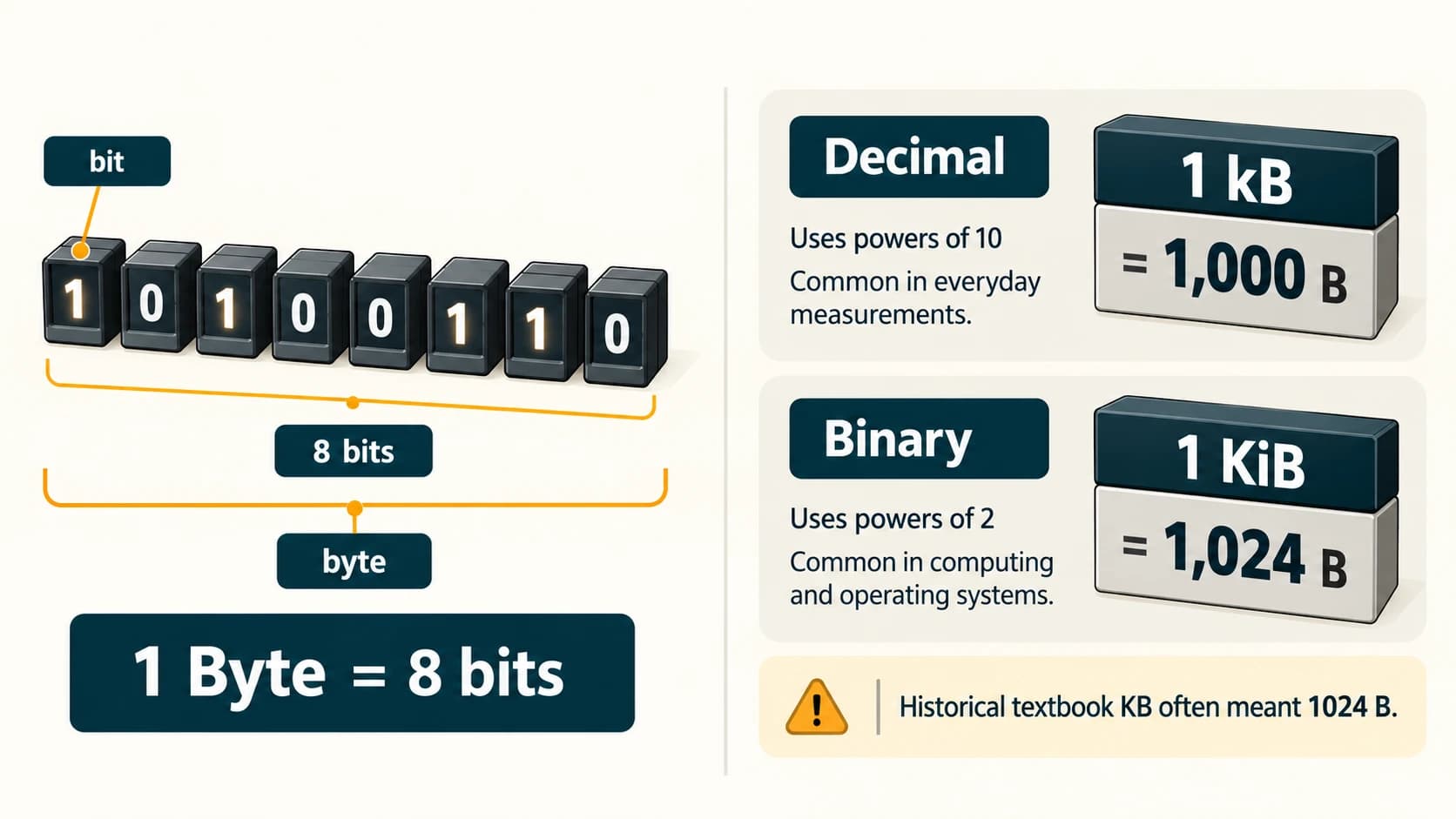 One byte contains eight bits and decimal kilobyte differs from binary kibibyte.