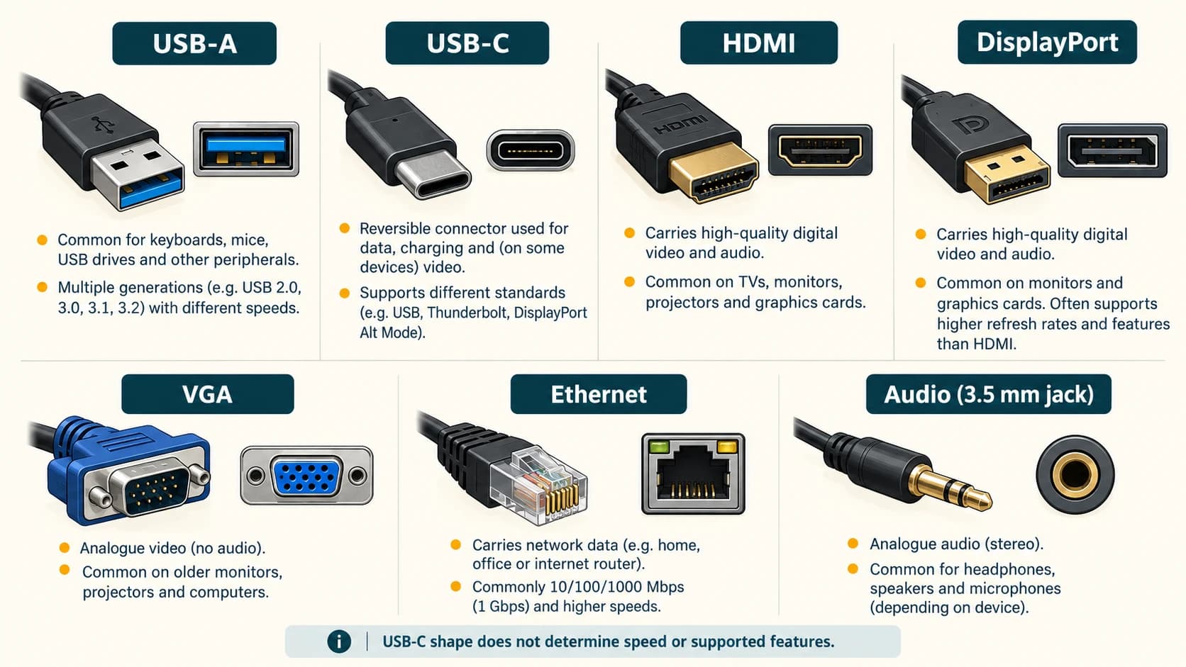 Common computer hardware connectors including USB-A, USB-C, HDMI, DisplayPort, VGA, Ethernet and an audio jack.
