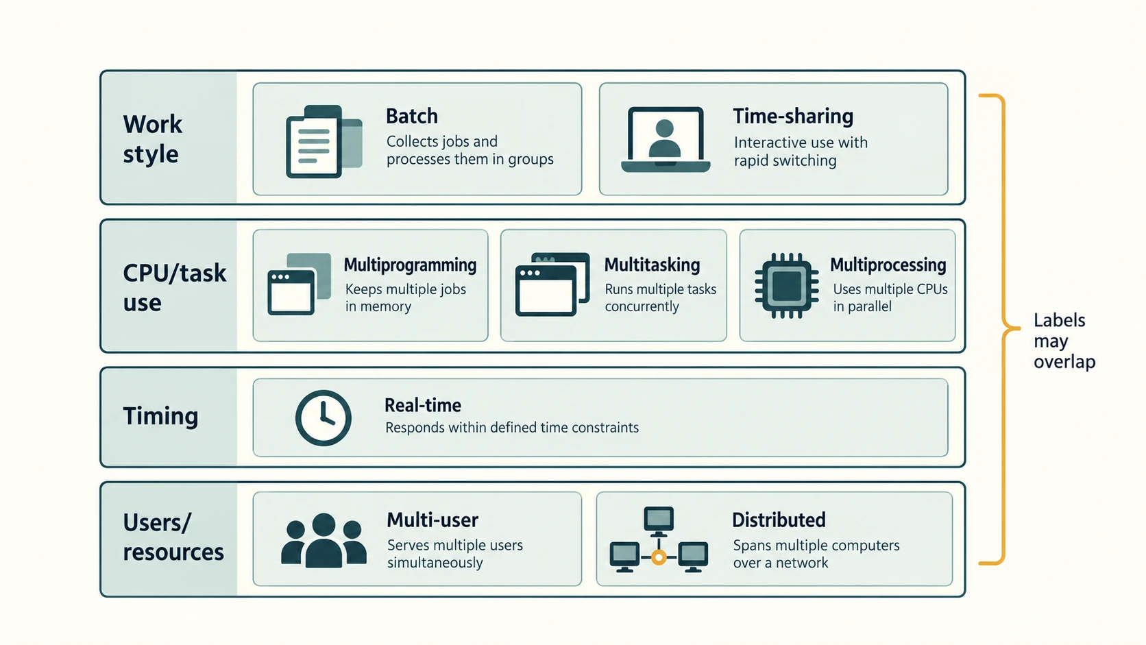 The operating system coordinates processes, memory, files, devices, access control and networking for applications.