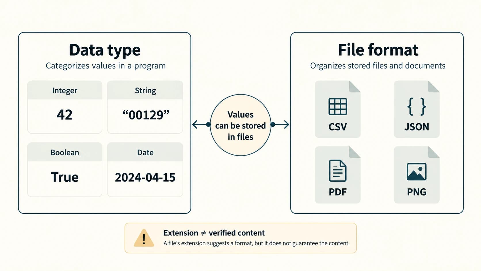 Data types categorize values such as numbers or text, while file formats organize stored documents or information.
