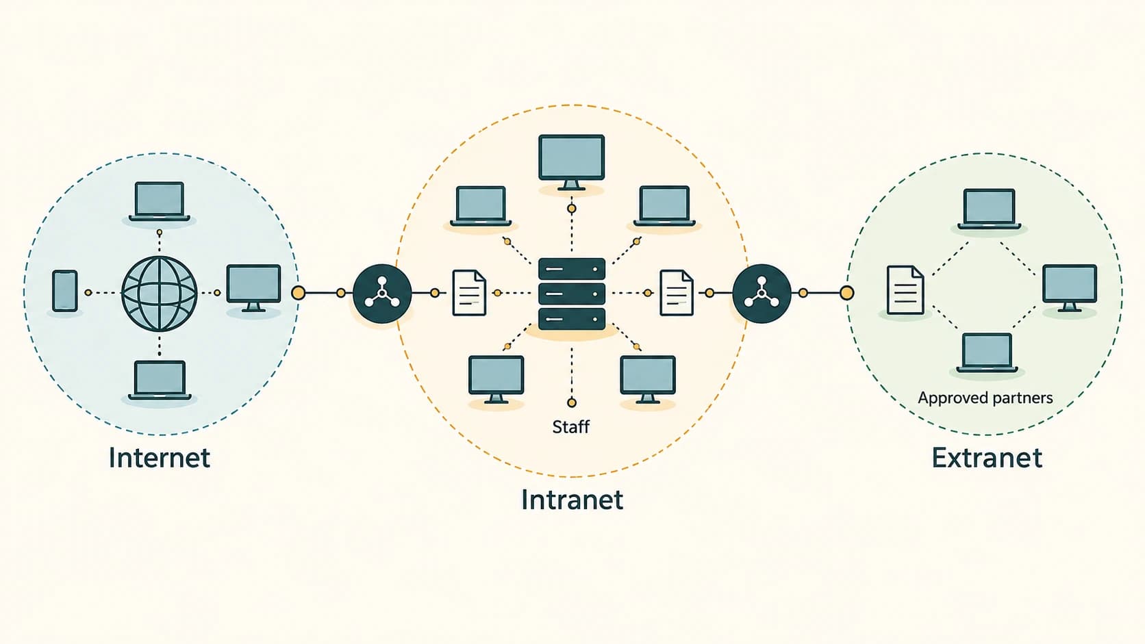 Diagram distinguishing public Internet connectivity, restricted staff intranet resources and selected extranet access for approved partners.