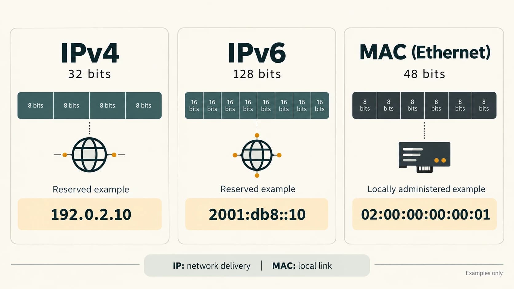 IPv4 has 32 bits, IPv6 has 128 bits and a typical Ethernet MAC address has 48 bits, with example notations.