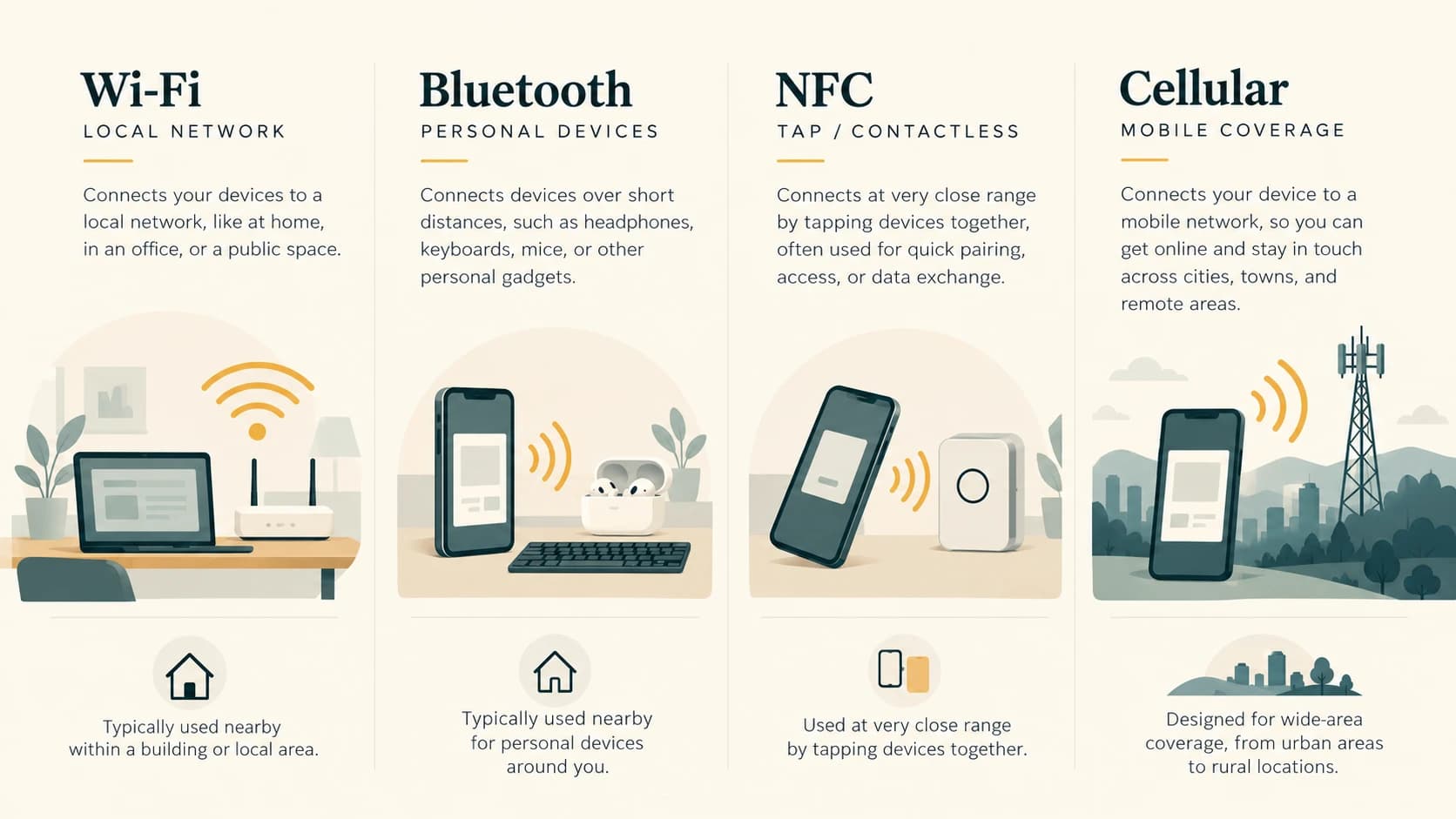 Comparison of Wi-Fi local networking, Bluetooth personal links, NFC contactless taps and cellular wide-area mobile service.