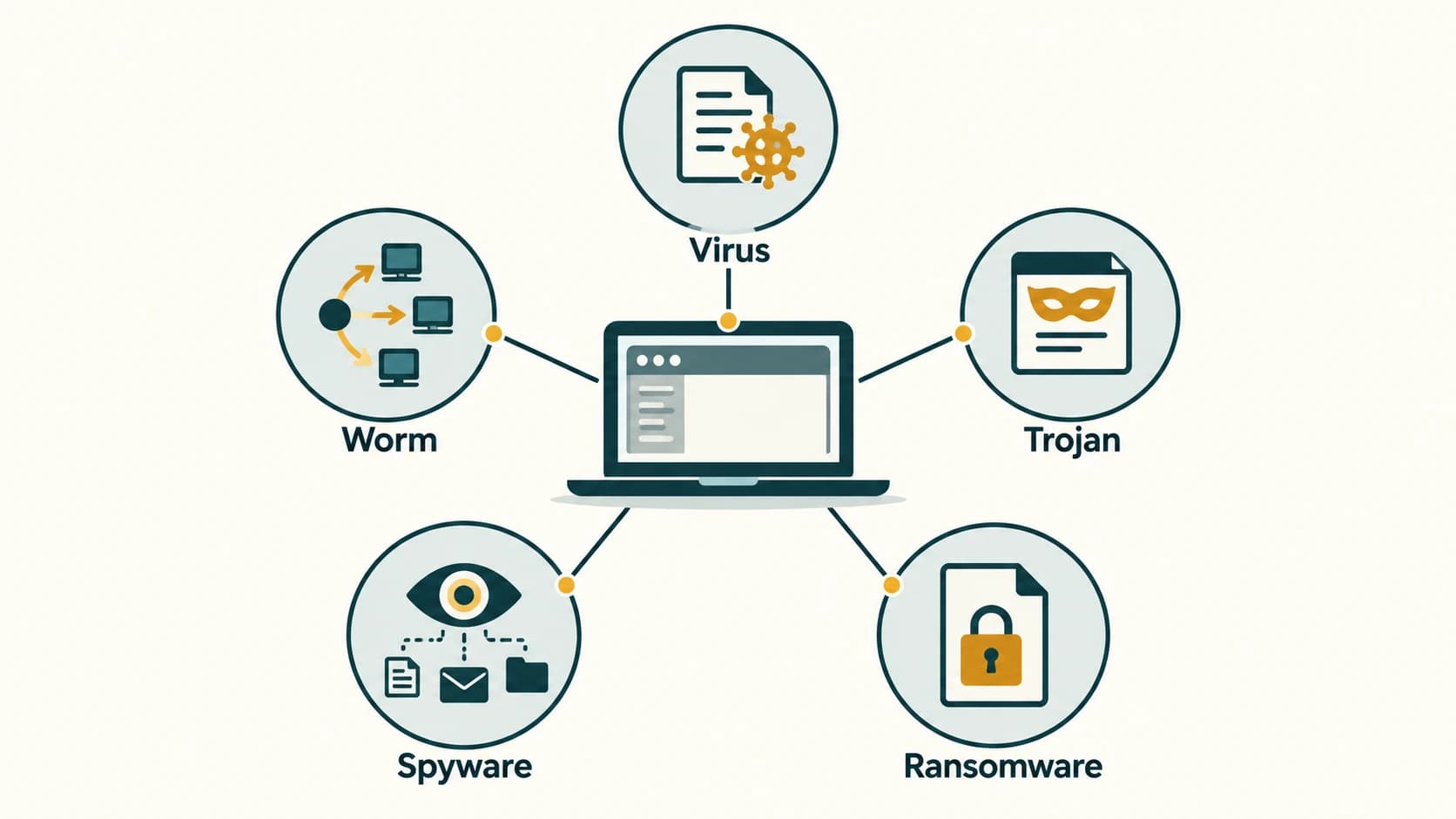 Five malware categories compared by their principal behaviors, from file-attached viruses to ransomware.