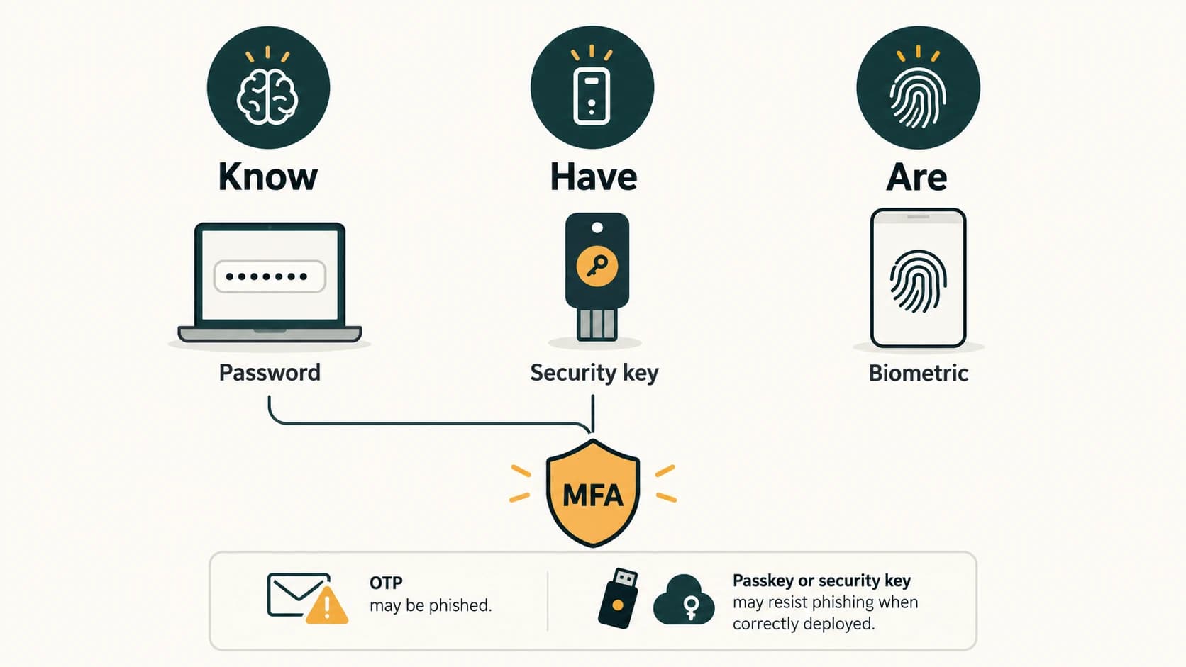 Knowledge, possession and biometric authentication factors and a valid MFA combination.