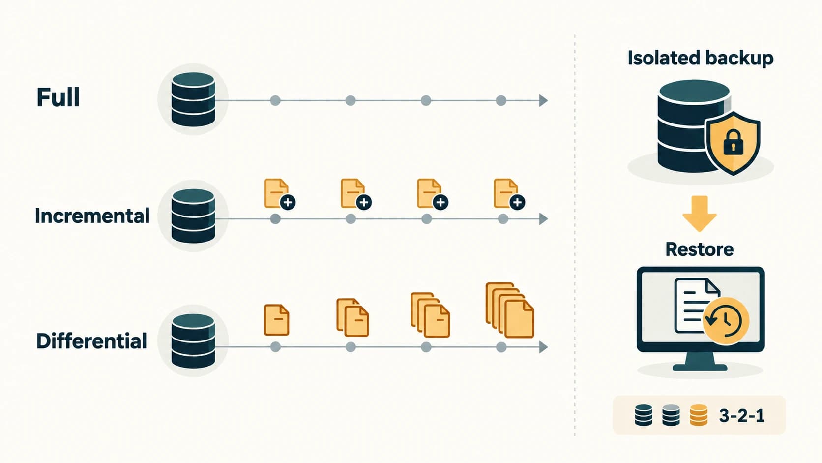 Full, incremental and differential backup reference points, with an isolated restore copy.