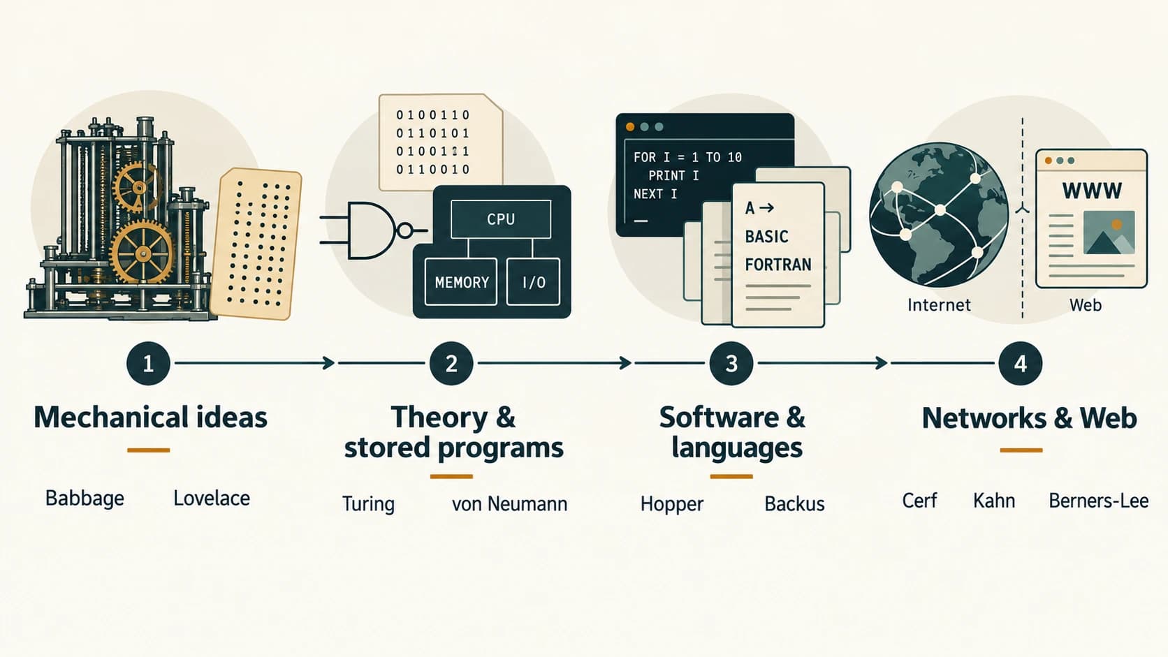 Timeline grouping major computer pioneers by mechanical computing, theory, programming languages and network/Web milestones.