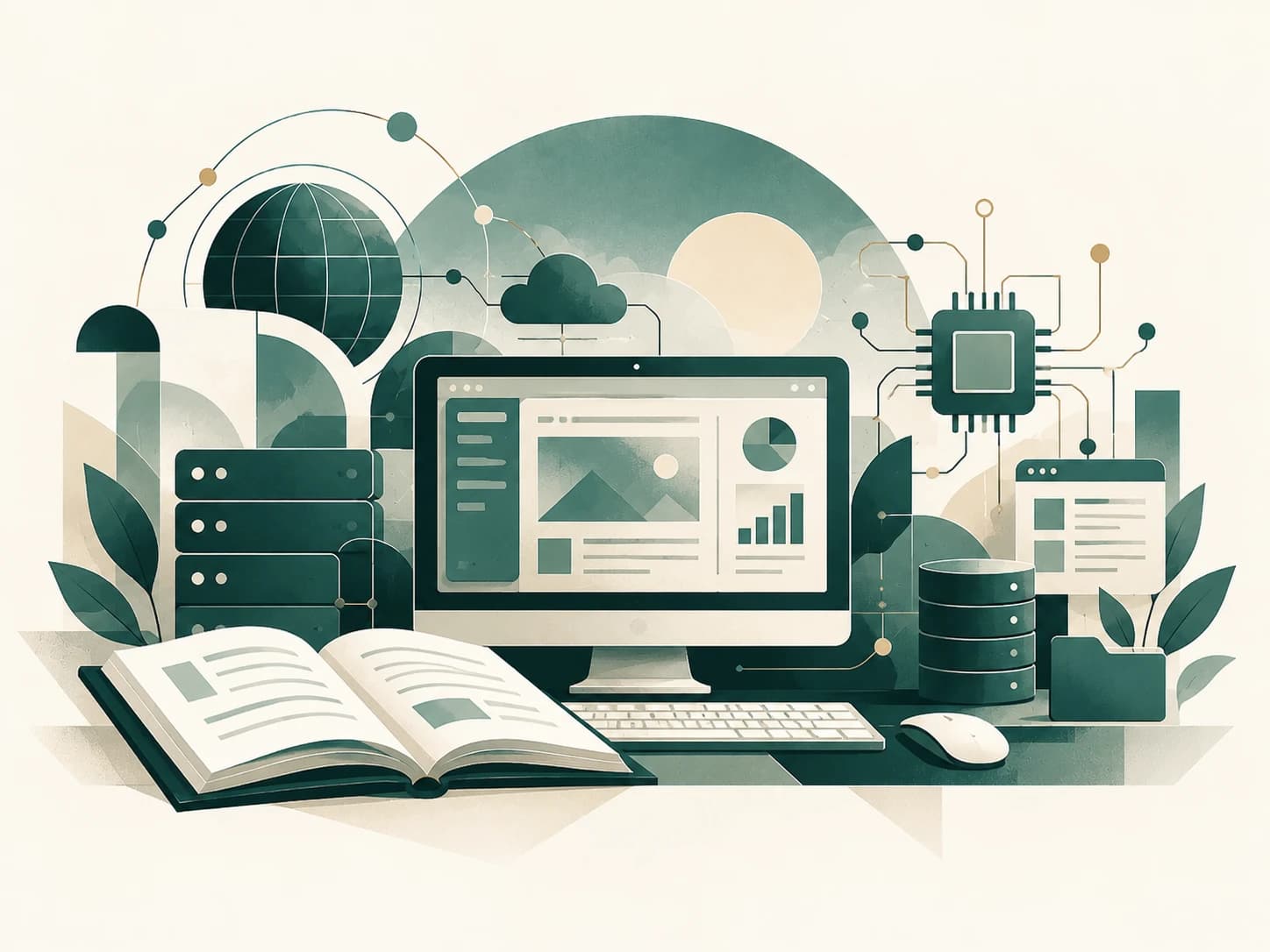Illustrated study desk with connected computer hardware, software and learning materials