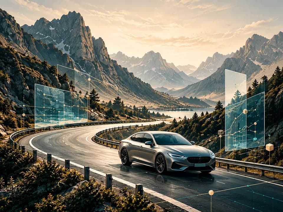 A car on a winding mountain road with connected technical diagrams