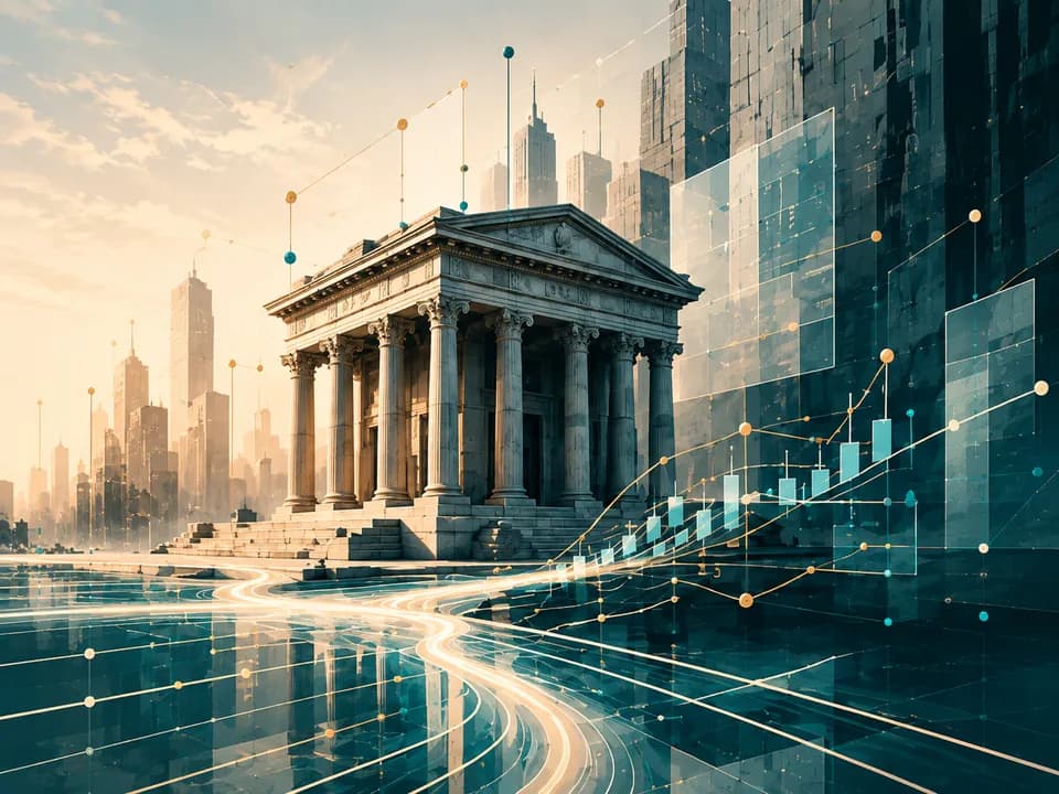 A bank building connected to digital finance and payment networks