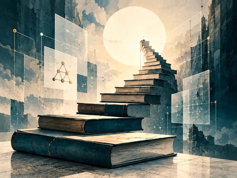 Books forming a stairway alongside learning diagrams