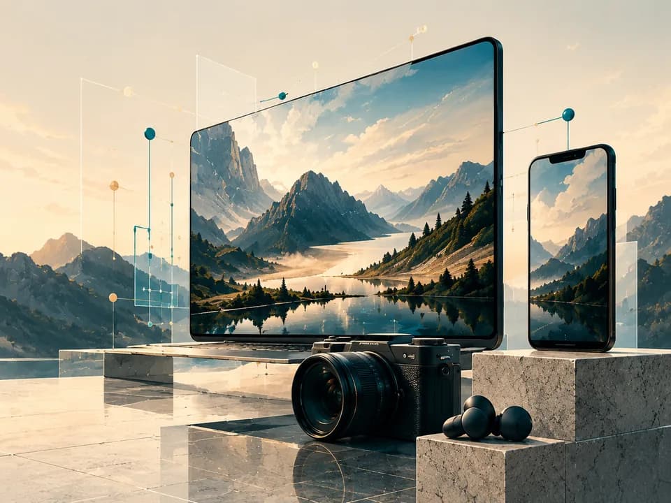A tablet, phone, camera and earbuds overlooking a mountain landscape
