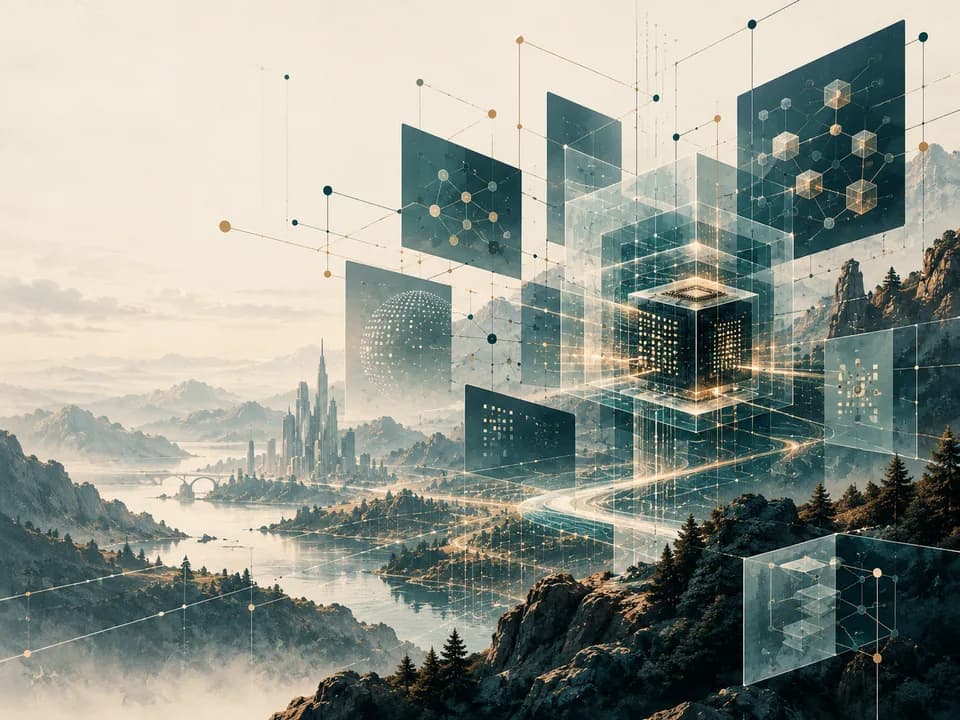 Connected data panels and a computing network above a mountain valley