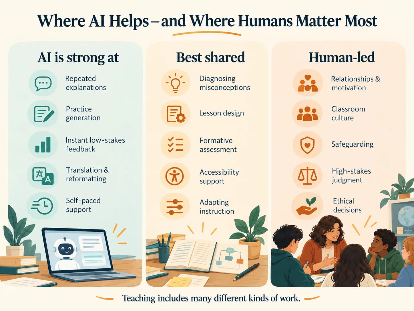 Diagram separating teaching tasks into areas where AI is strong, where AI and teachers can collaborate, and where human leadership is essential.