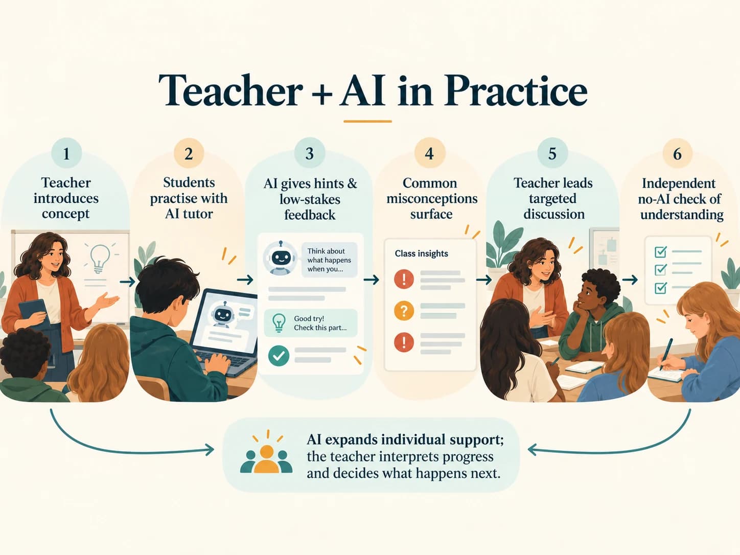 Classroom workflow showing a teacher introducing a concept, students practising with AI, the teacher addressing misconceptions and students demonstrating independent understanding.