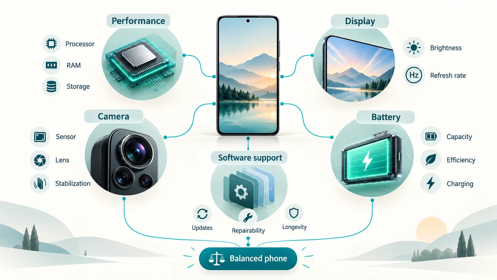 Smartphone buying guide diagram comparing performance, display, camera, battery and software support