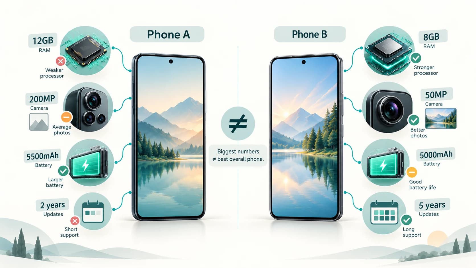 Two smartphone specification sheets showing that larger RAM, megapixel and battery numbers do not necessarily mean a better overall device