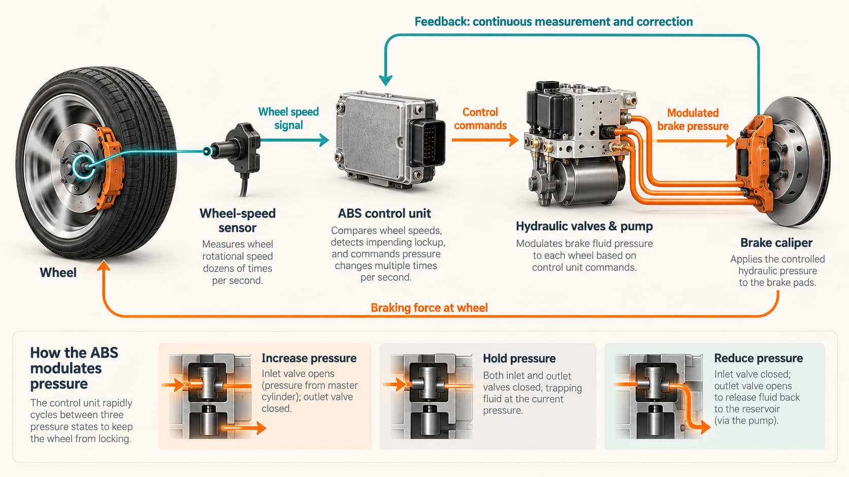 ABS system diagram showing wheel-speed sensor, control unit, hydraulic modulator and brake caliper