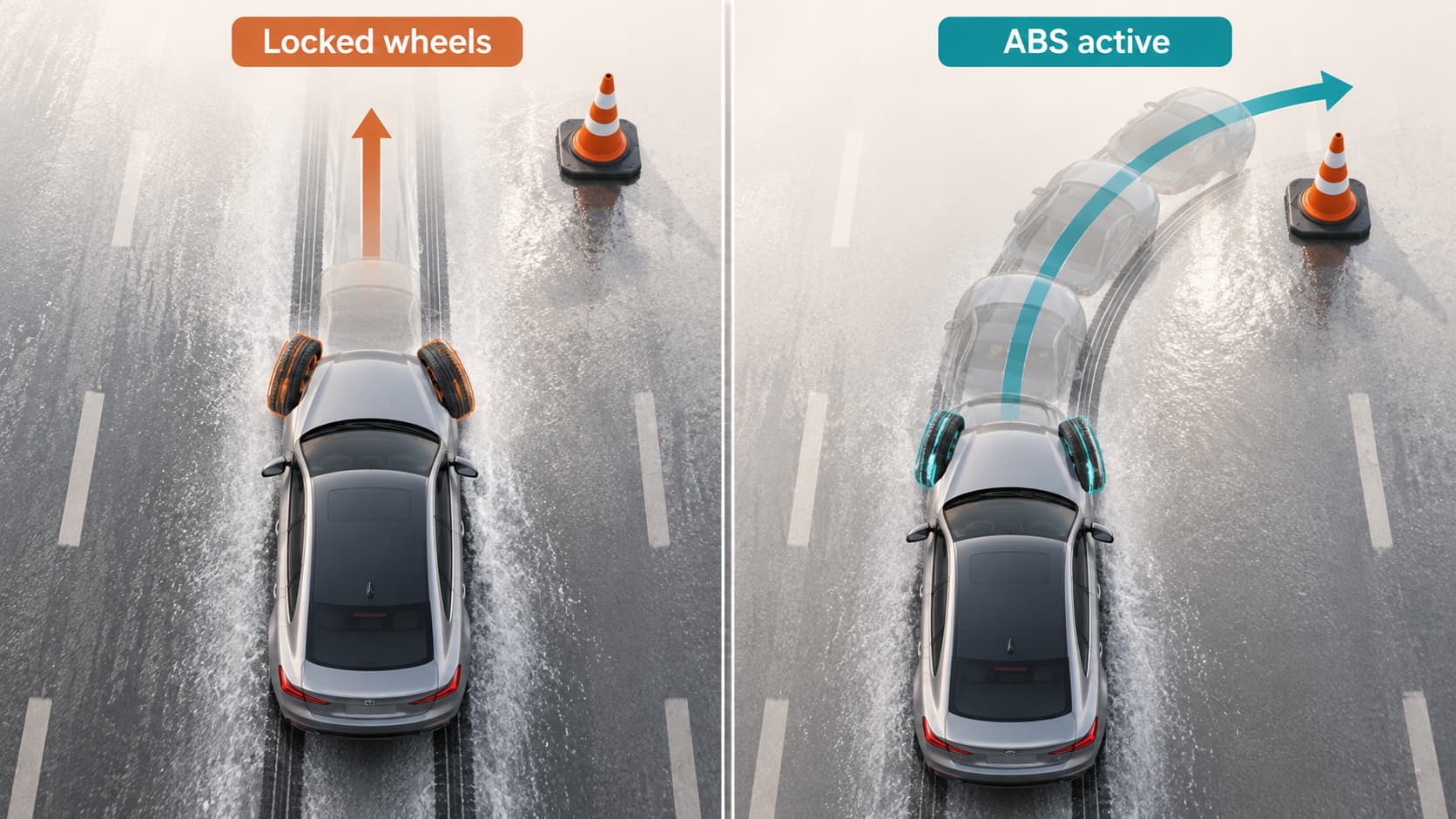 Comparison of a car with locked wheels sliding straight and a car using ABS while steering under braking
