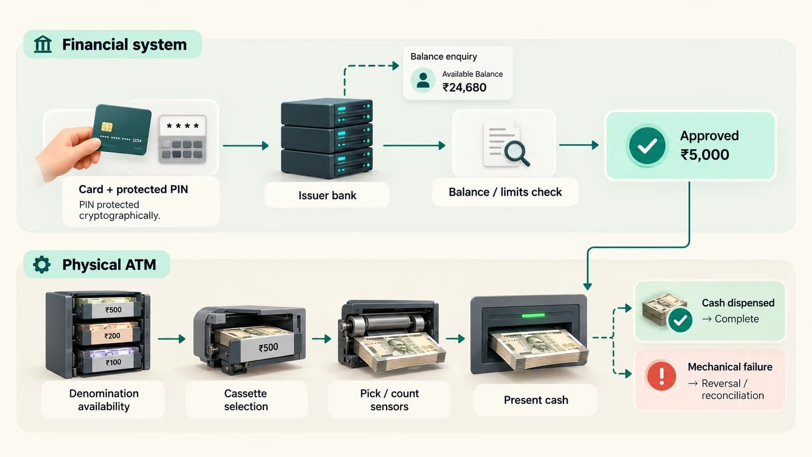 ATM diagram separating bank authorization and balance enquiry from physical note selection, cash dispensing and failed-withdrawal reversal
