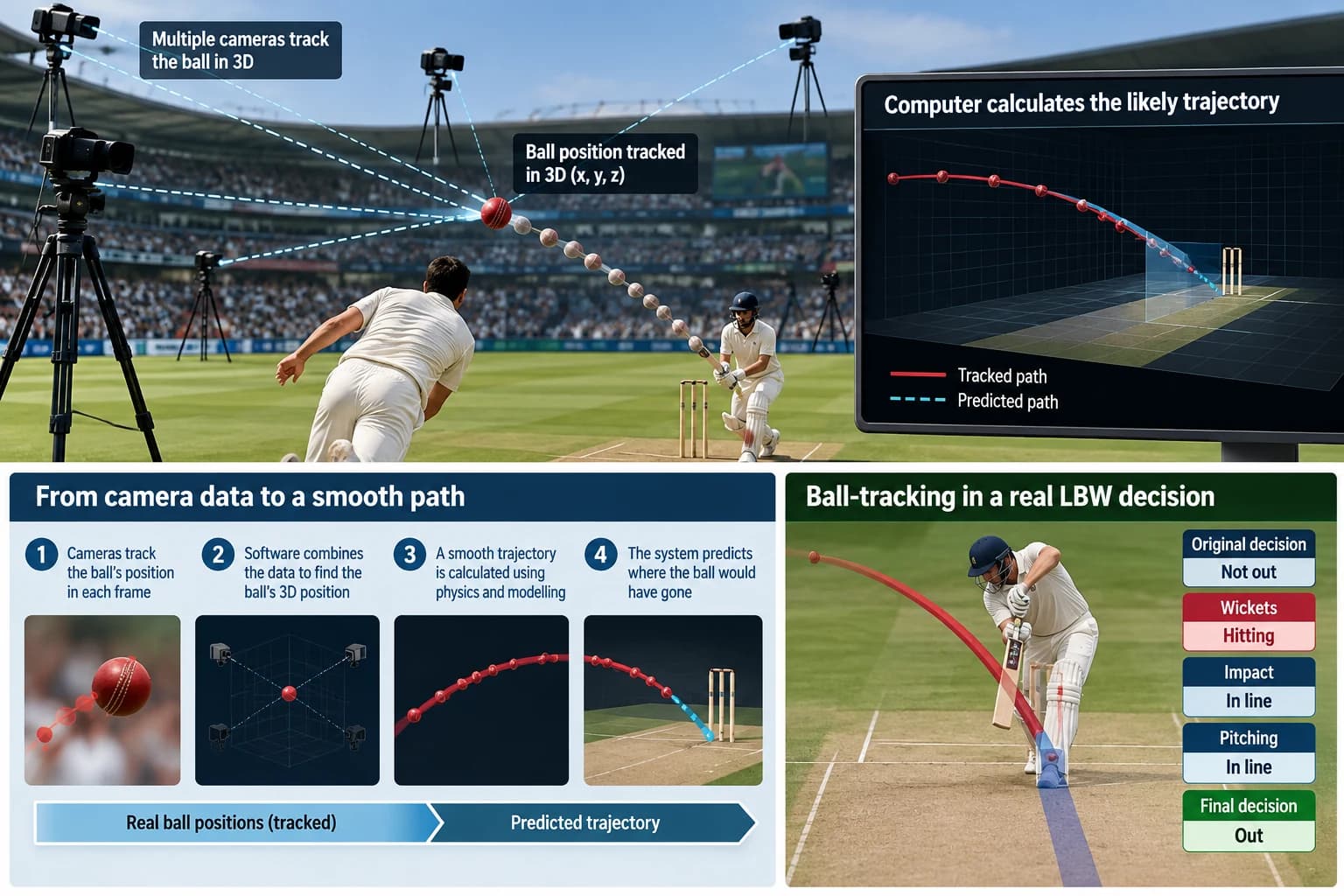 Cricket ball-tracking workflow from synchronized camera observations to a measured 3D path and projected LBW decision