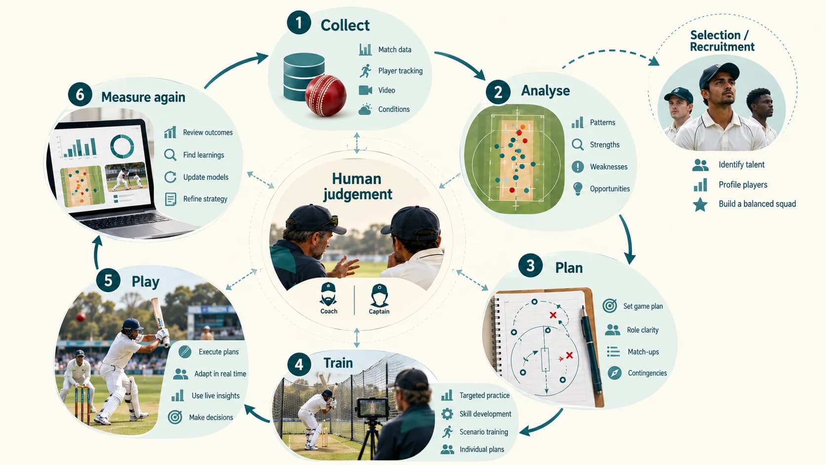 Cricket analytics cycle showing data collection, analysis, planning, training, match execution and continuous measurement around human judgement