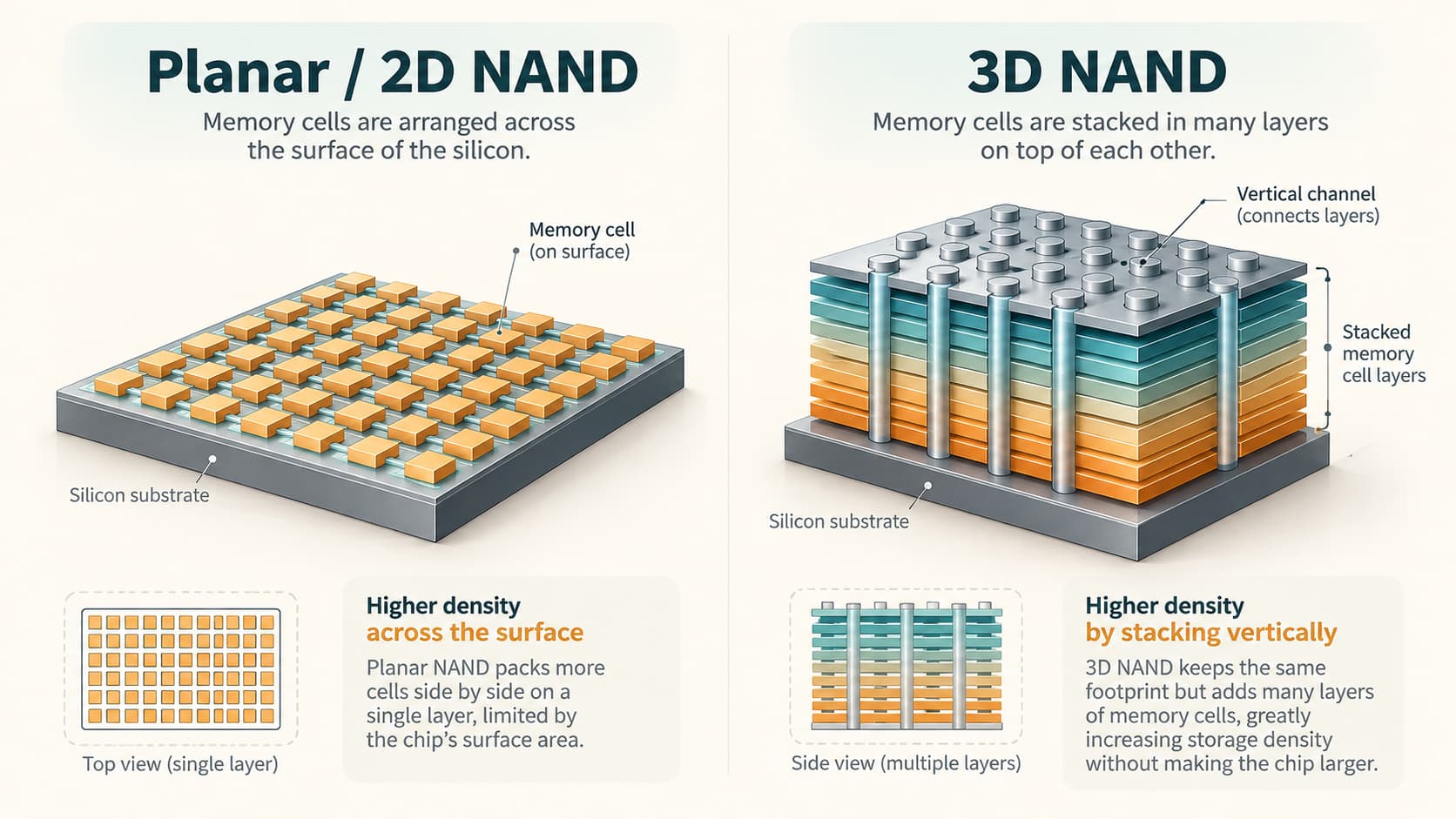 Comparison of flat 2D NAND memory cells with vertically stacked 3D NAND layers