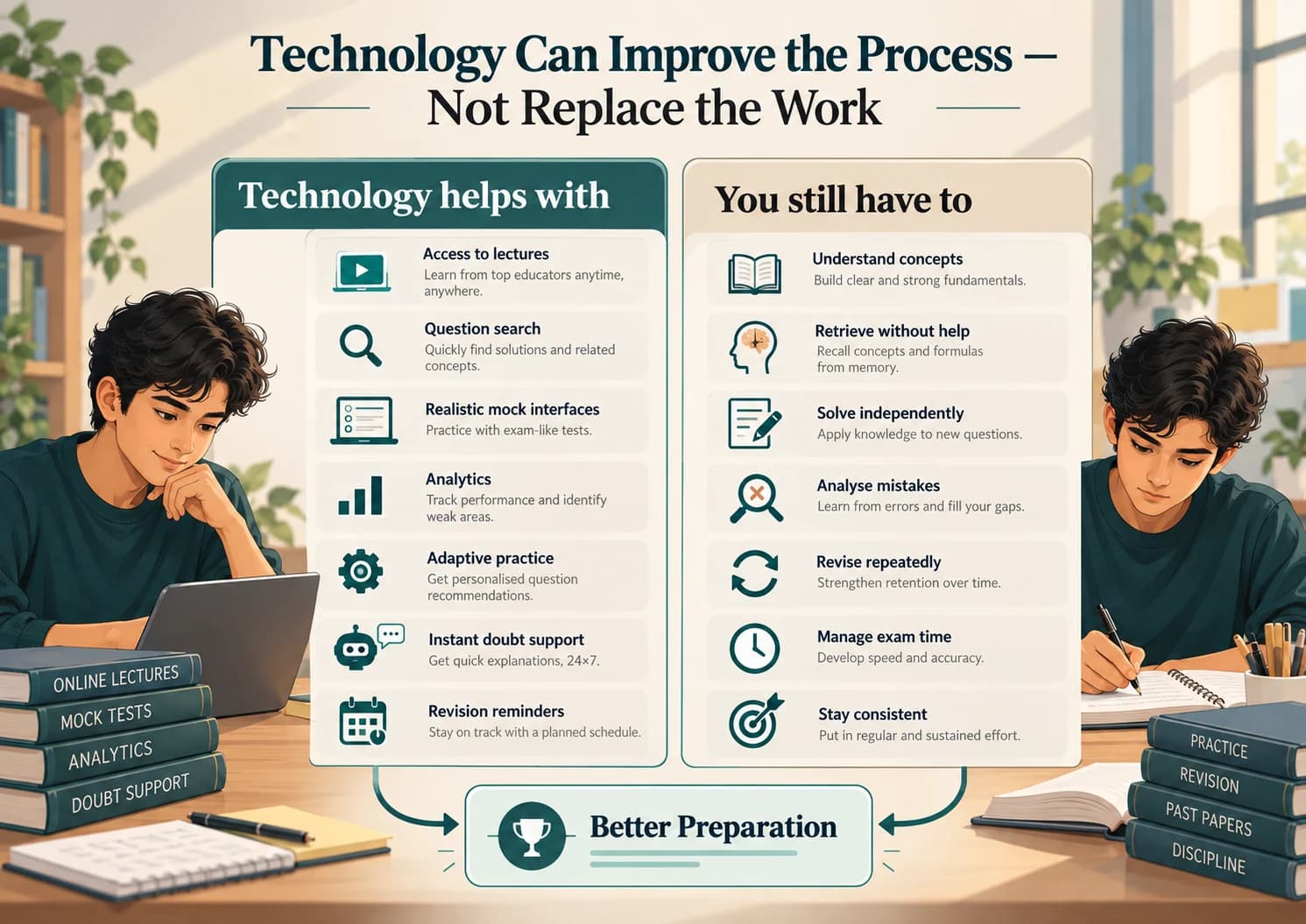 Comparison showing competitive-exam tasks technology can support and the core learning work that still has to be done by the student.
