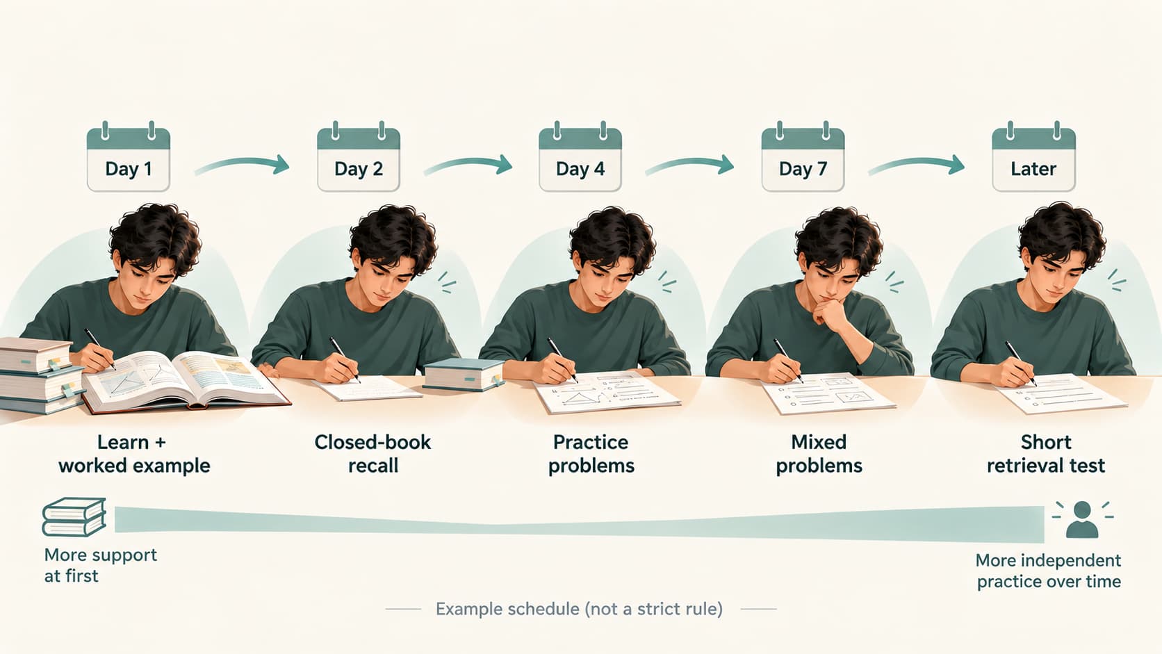 Example spaced study schedule progressing from worked examples to recall and mixed problem solving