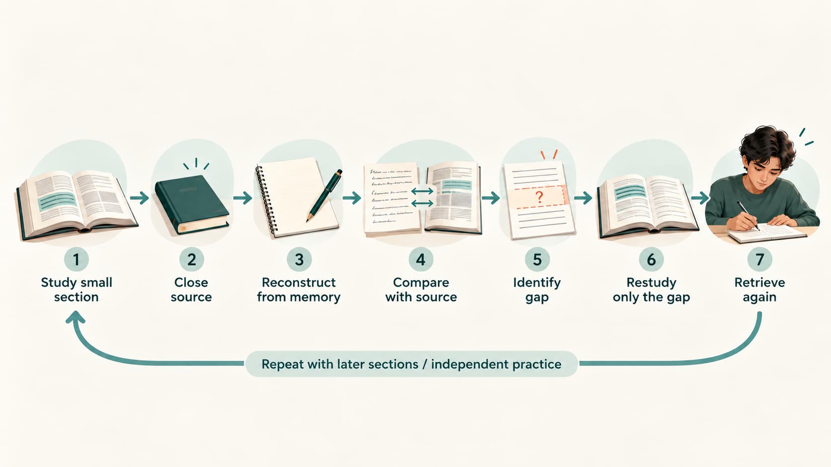 Study process showing learning a small section, recalling it without notes, checking gaps and retrieving again
