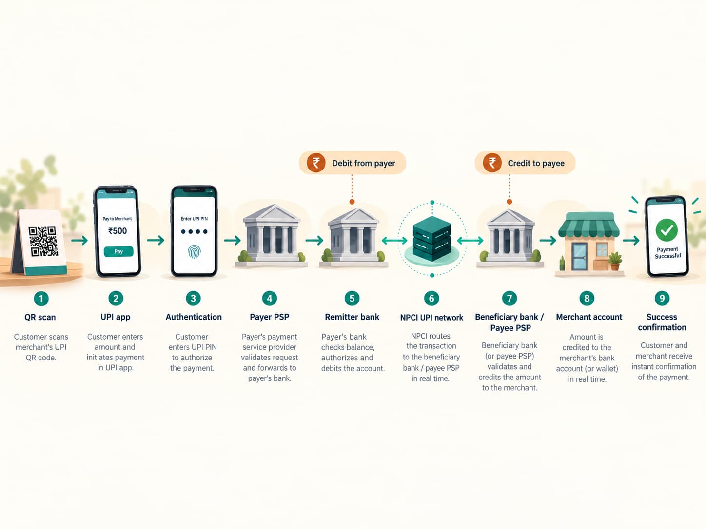 Step-by-step UPI payment flow from QR scan through payer bank and NPCI to beneficiary bank