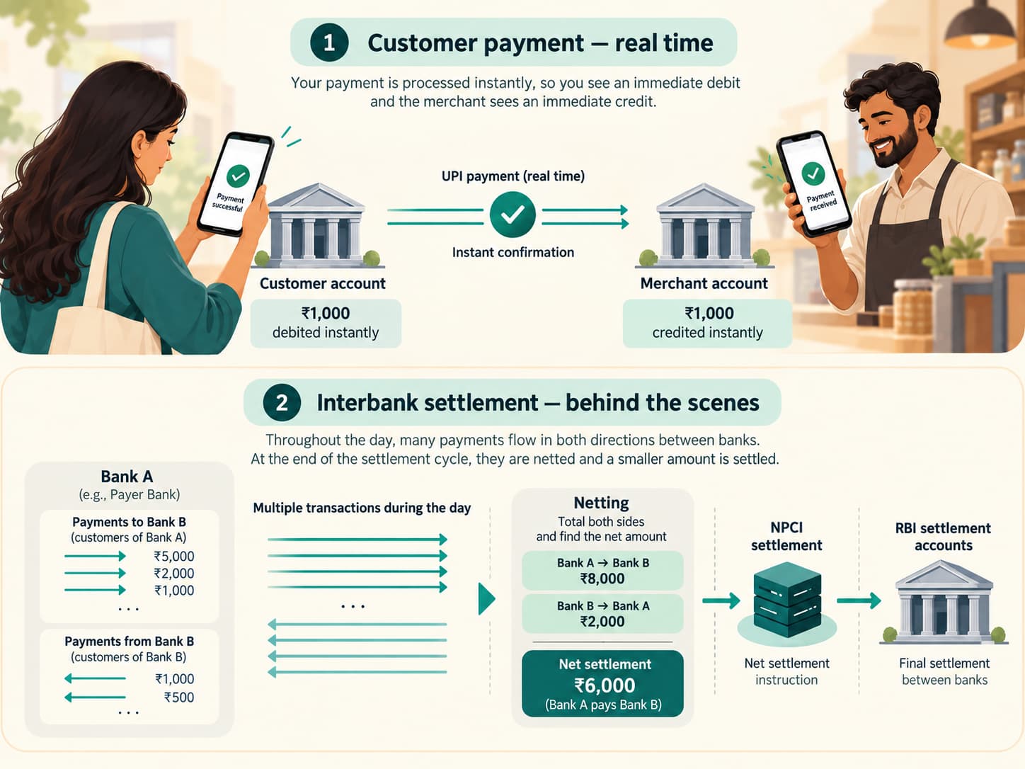 UPI diagram comparing instant customer payment with behind-the-scenes interbank settlement