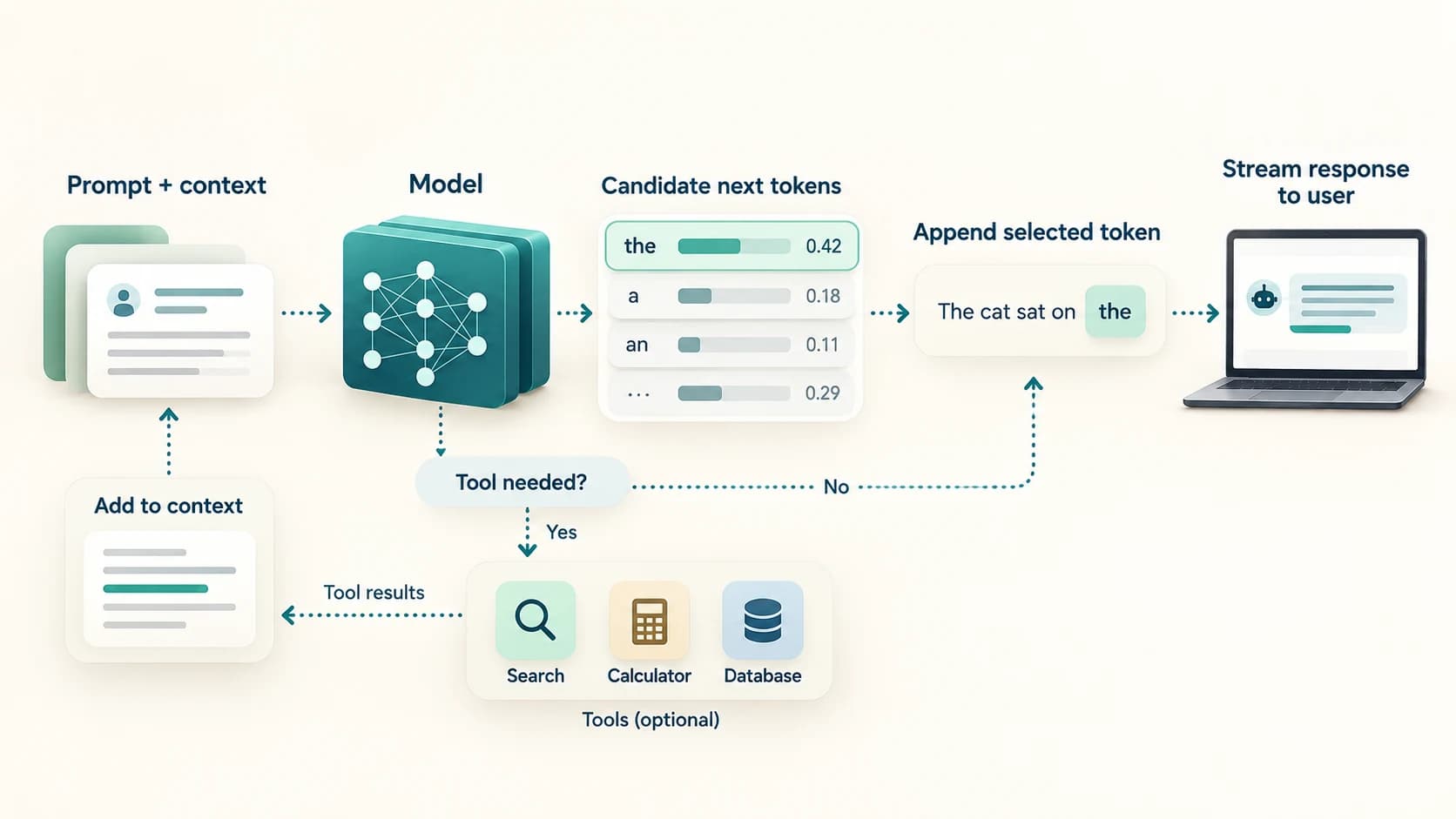 AI text-generation loop showing next-token probabilities, repeated token selection, optional tool use and streaming response