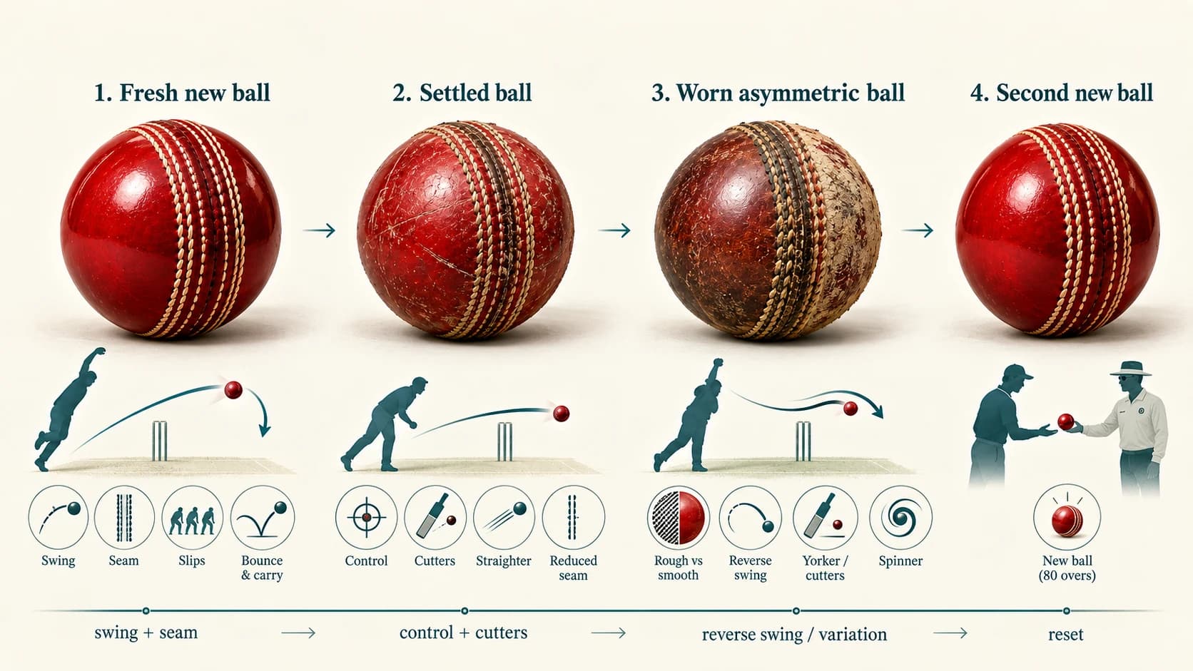 Cricket ball ageing timeline from fresh new ball through worn old ball to the optional second new ball in long-form cricket