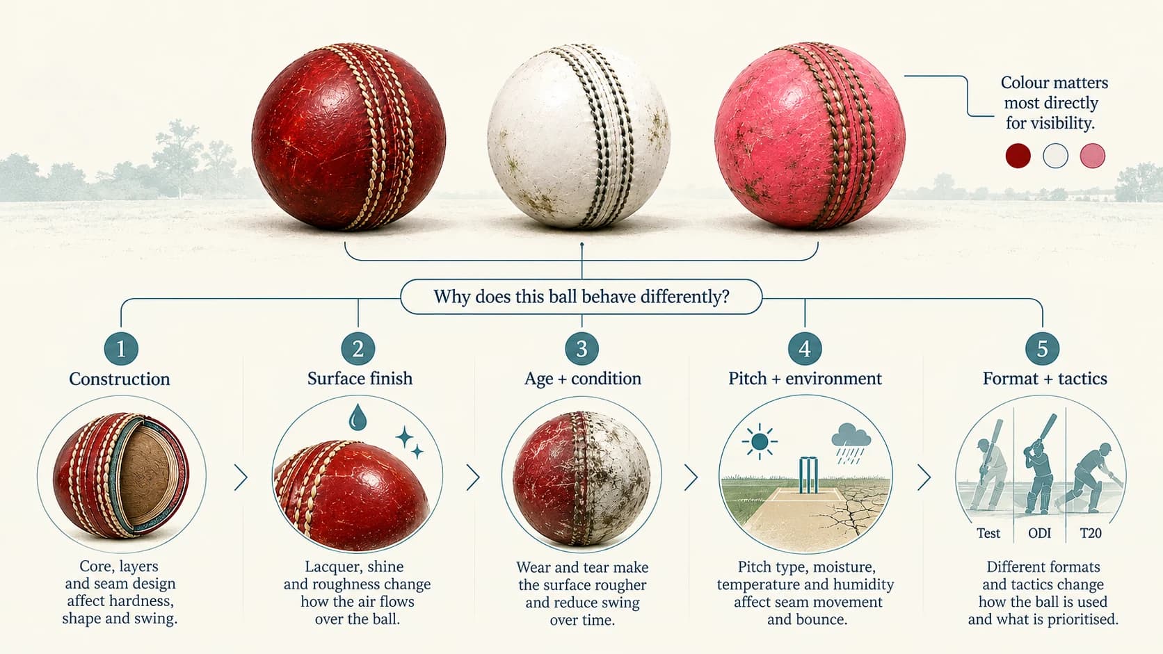 Five-factor framework explaining cricket-ball behaviour through construction, surface finish, age, environment and match format