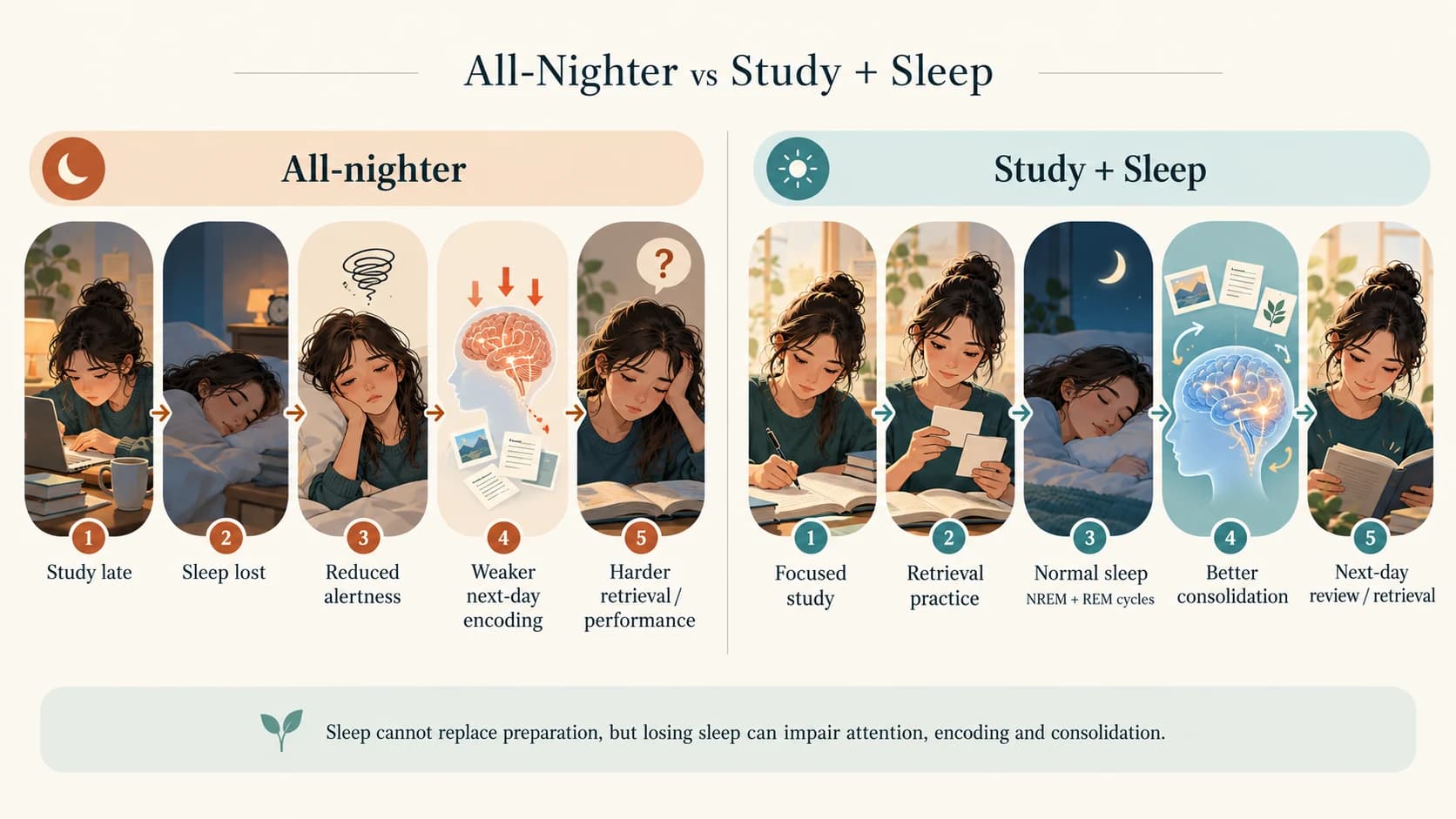 Comparison between an all-night study session and a study-plus-sleep approach, showing effects on attention, encoding and memory consolidation.