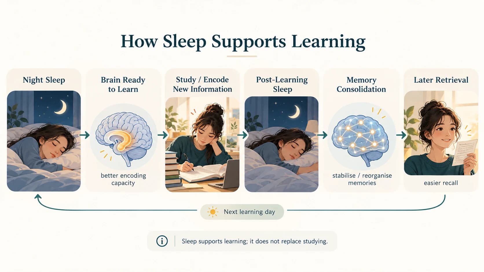 Diagram showing how sleep before learning supports encoding and sleep after learning supports memory consolidation and later retrieval.