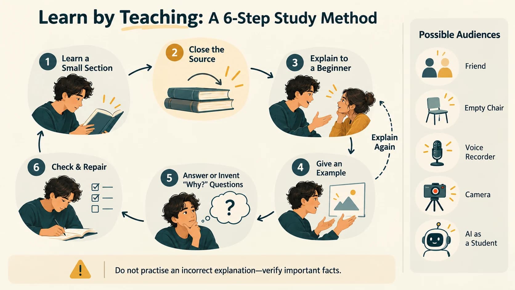 Six-step learning-by-teaching study method using retrieval, explanation, questions, examples and correction.