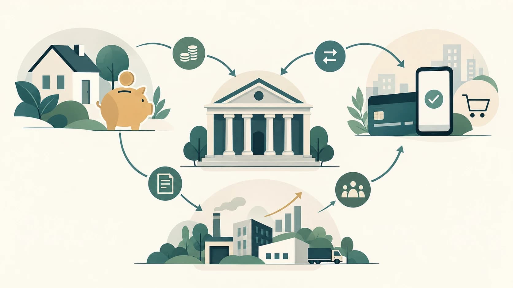 Abstract editorial illustration representing money flows, saving, banking intermediation and credit.