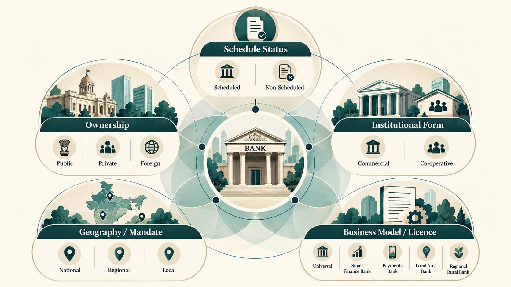 Diagram showing five overlapping ways to classify a bank in India.