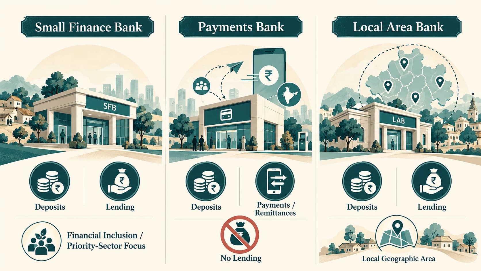 Diagram comparing the business models of Small Finance Banks, Payments Banks and Local Area Banks.