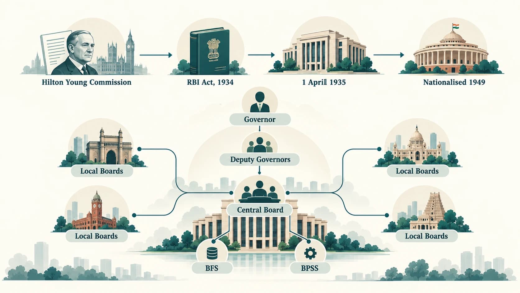Diagram showing the historical establishment and governance structure of the Reserve Bank of India.