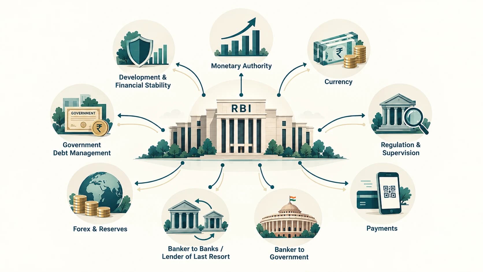 Function wheel showing the major responsibilities of the Reserve Bank of India.