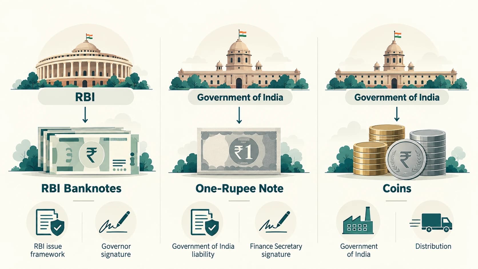 Comparison of issuing responsibility for RBI banknotes, the one-rupee note and coins.