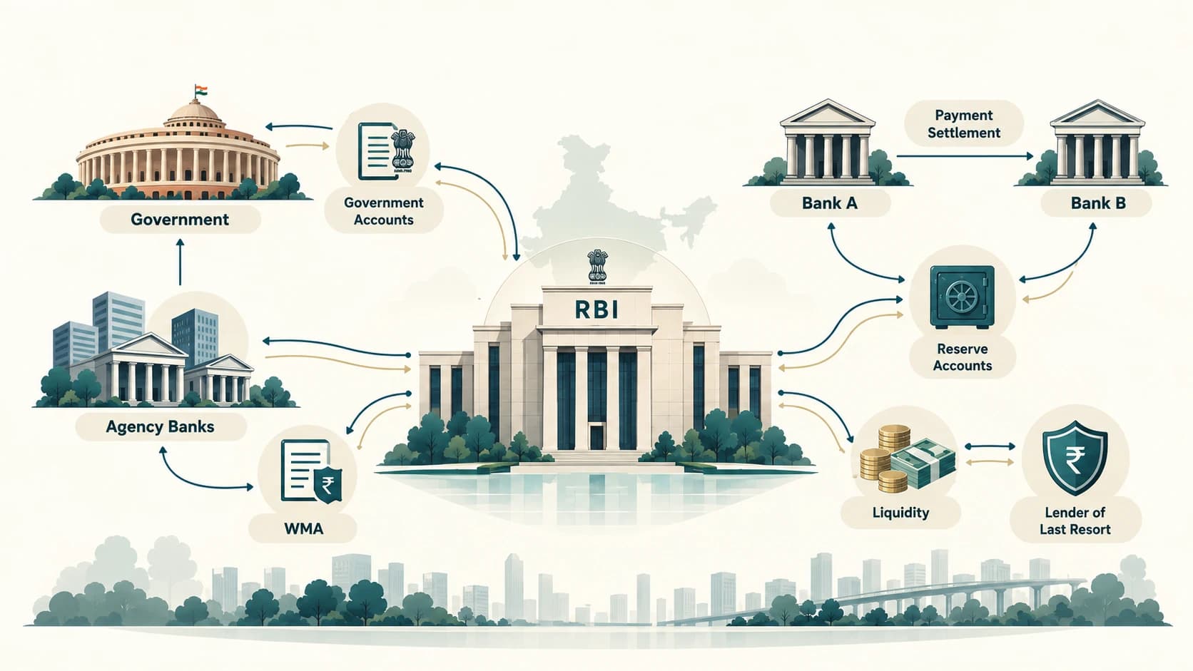 Diagram showing RBI's banker-to-government and banker-to-banks functions.