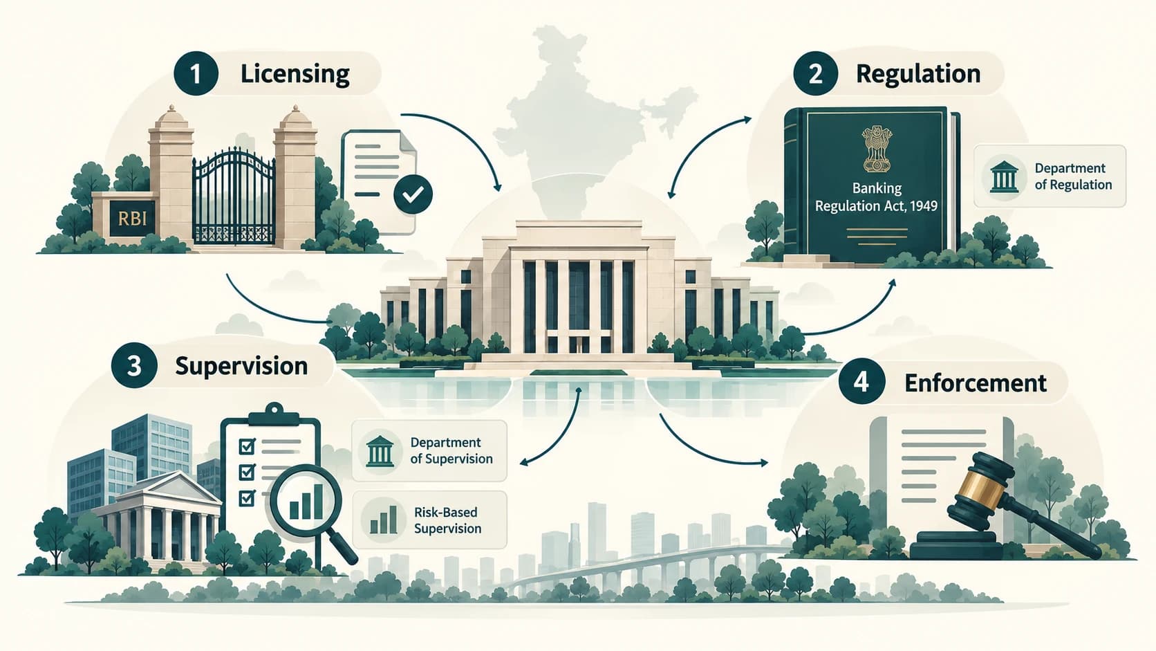 Diagram distinguishing bank licensing, regulation, supervision and enforcement by RBI.