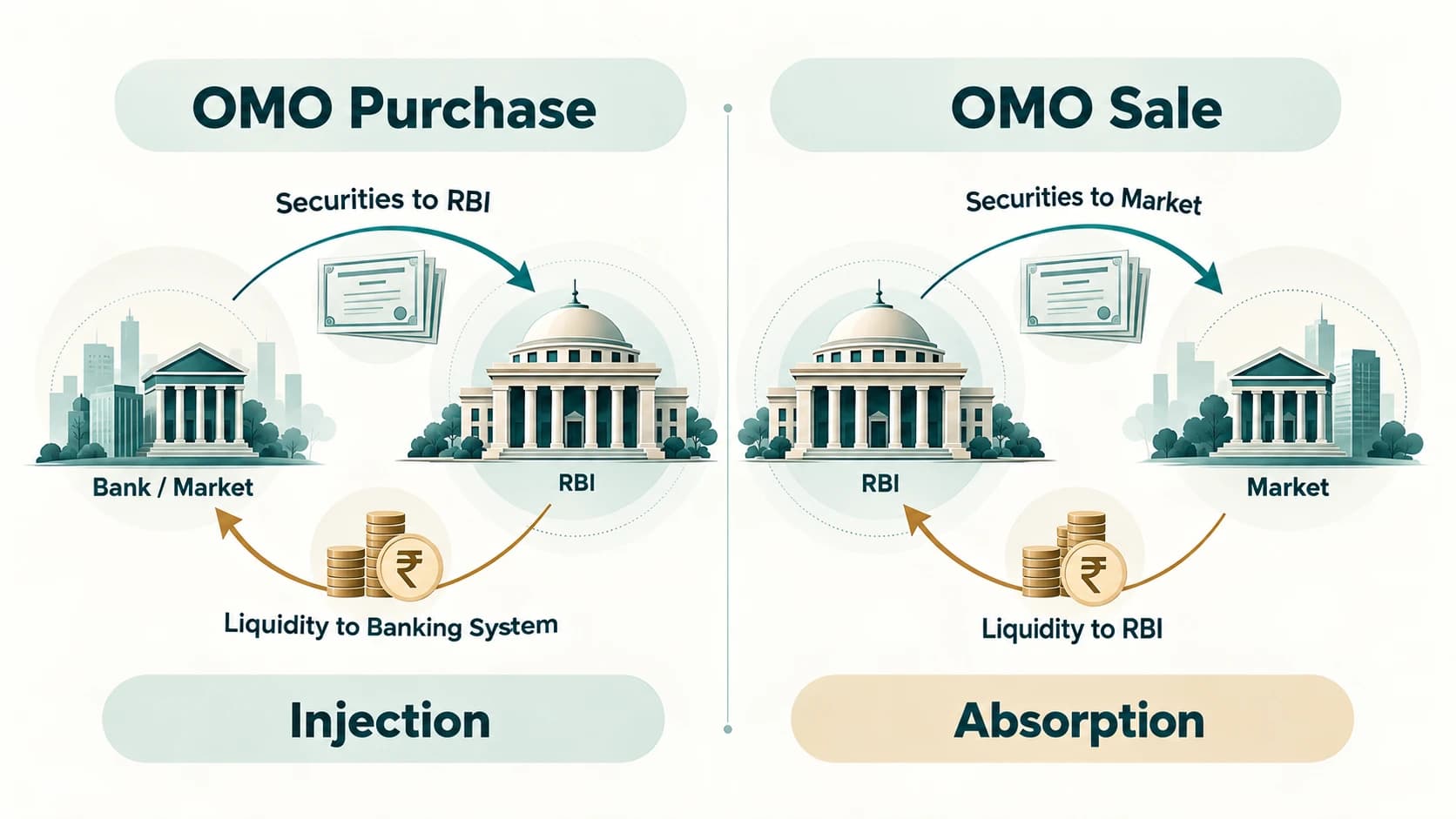 Two-panel diagram explaining why RBI OMO purchases inject liquidity and OMO sales absorb liquidity.