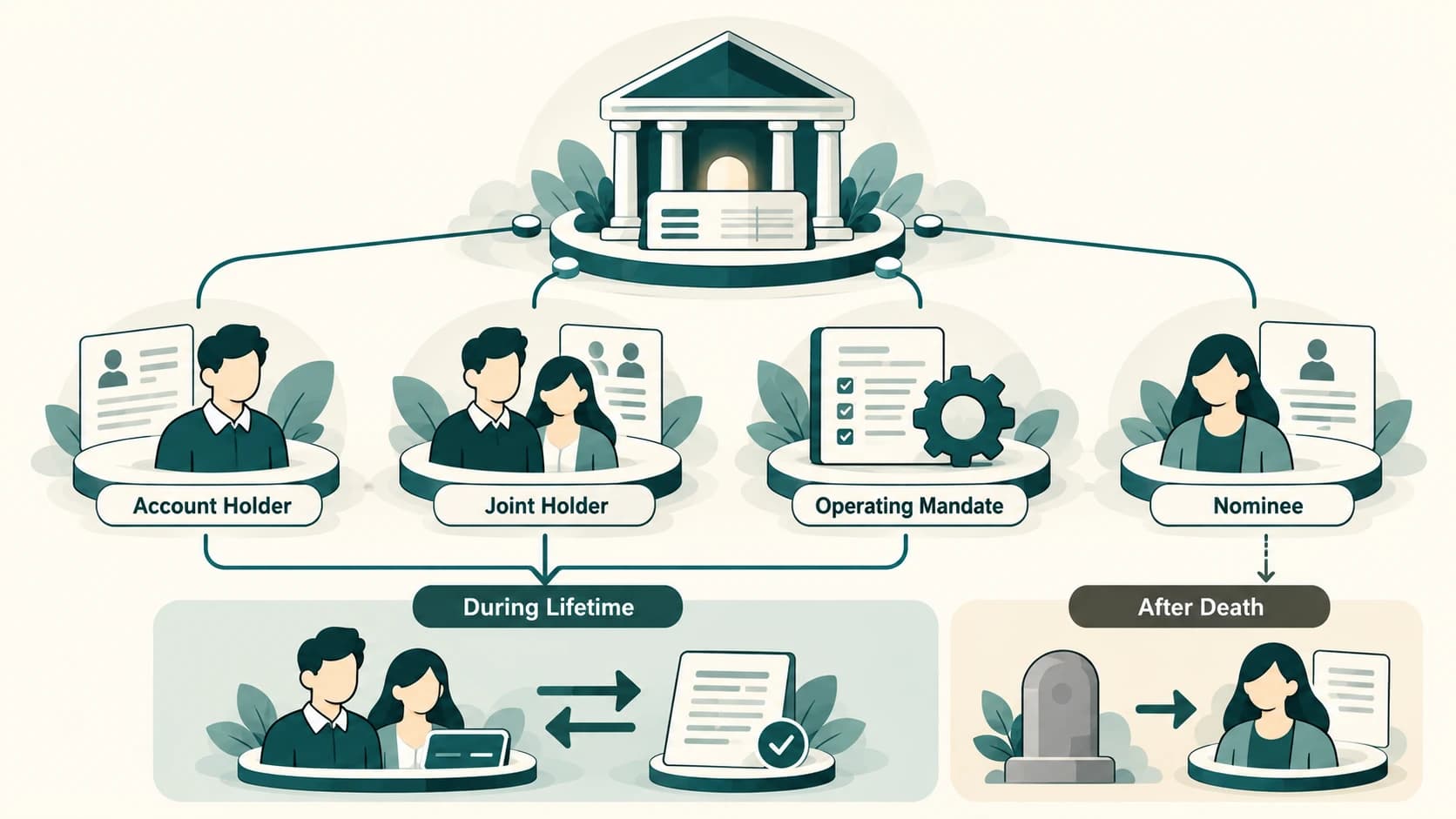 Diagram separating account ownership, joint holding, operating mandate and nomination.