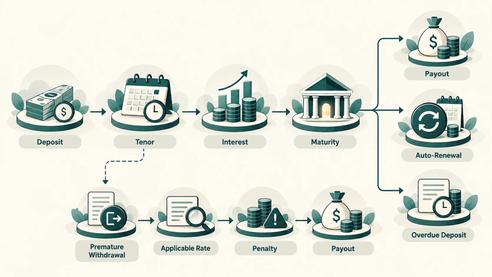 Flow diagram of a term deposit from booking to maturity, renewal or premature closure.