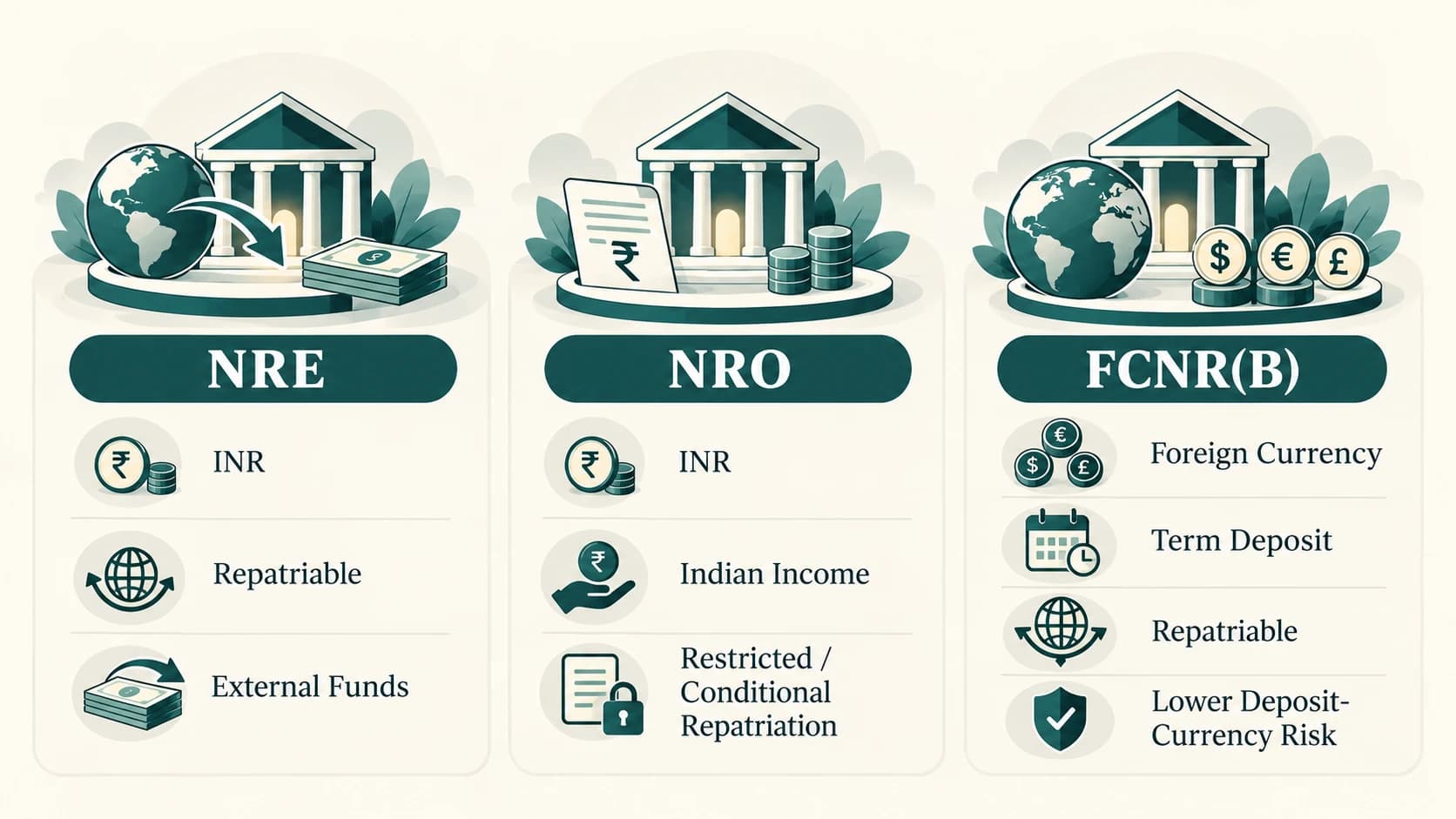Comparison of NRE, NRO and FCNR(B) accounts by currency, purpose and repatriability.